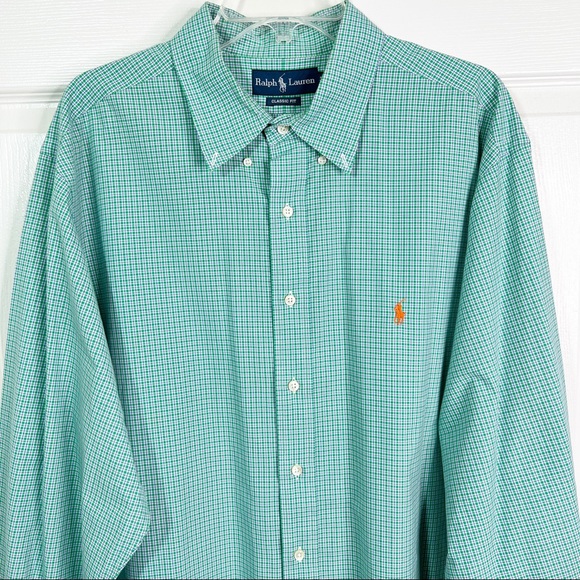 Ralph Lauren Classic Fit Plaid Long Sleeve Button Down Shirt Green Blue Sz 18 - Picture 3 of 10
